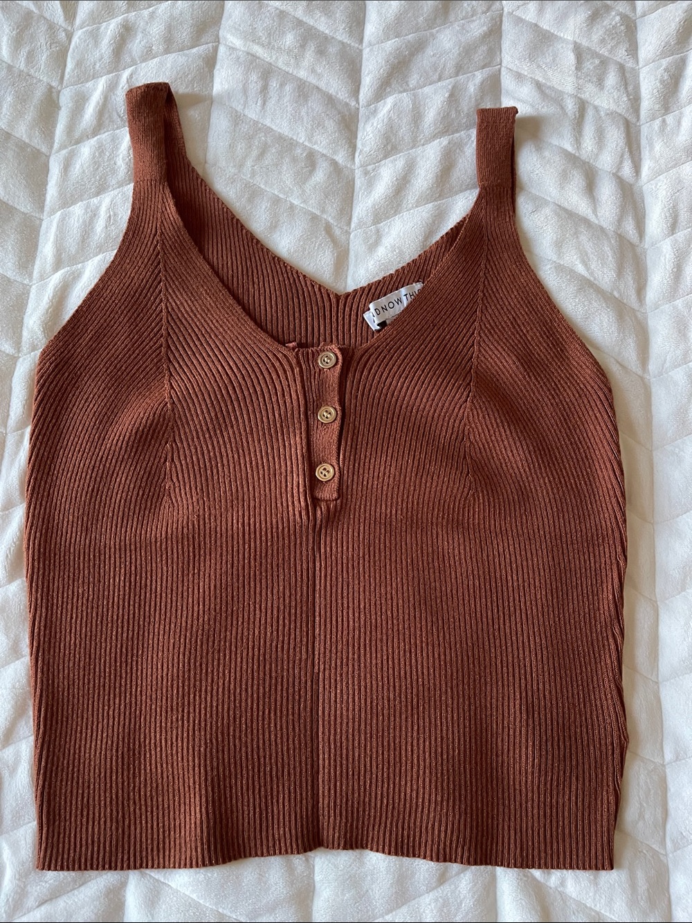 Ribbed Tank Top with Button Front - Brown